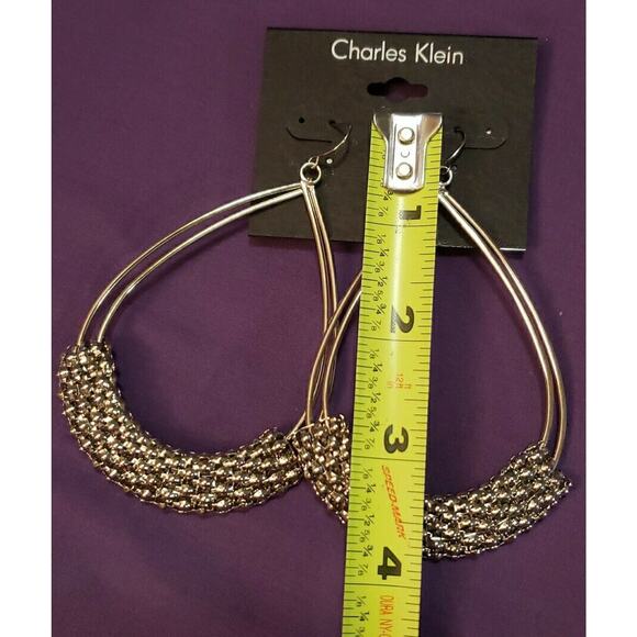 Charles Klein Large Double Teardrop Earrings Popcorn Mesh Wrap Silver Tone, NWT - Picture 4 of 9